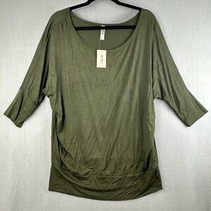 Simlu Sz L Olive Green 3/4 Dolman Sleeve Wide Neckline Oversized Drapey Top NWT